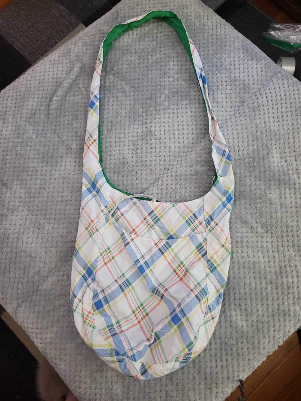 Plaid Cotton Crossbody Bag in White & Blue & Green